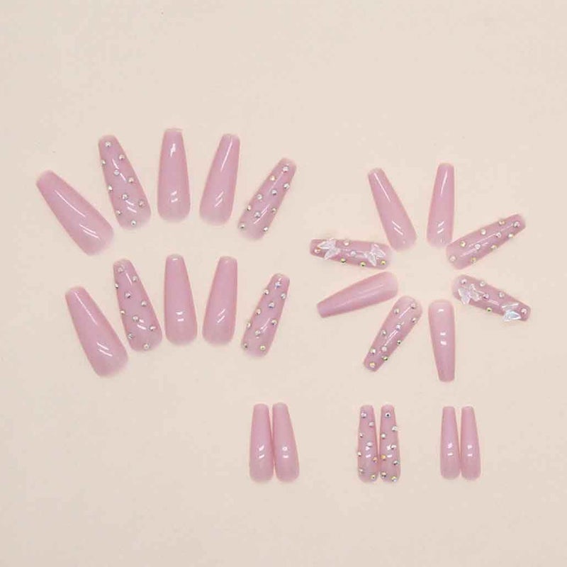Foccna Coffin Press on Nails Long, Pink Fake Nails Acrylic Crystal False Nails,Artificial Nails for Women and Girls,24 pcs - Image 3