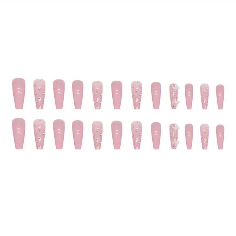 Foccna Coffin Press on Nails Long, Pink Fake Nails Acrylic Crystal False Nails,Artificial Nails for Women and Girls,24 pcs - Image 4
