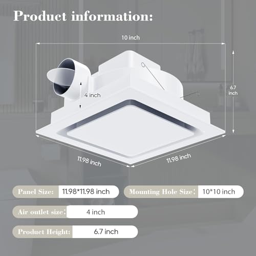 Orsong Bathroom Exhaust Fan 12" Panel Ultra Quiet without Light(10x10 Mount), 130CFM, 4" Duct for Bathroom/Garage/Home - Image 2