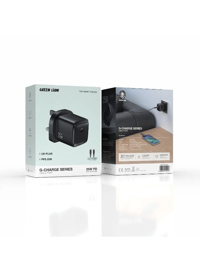 GREEN LION G-Charge Series USB-C Port Wall Charger 25W PD C to C 1M Cable / Fast Charging / UK Plug Type / Type-C Port - Black - Image 3