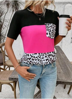 Shein SHEIN LUNE Leopard Color Block Patch Pocket T-Shirt For Vacation & Leisure  - Image 1