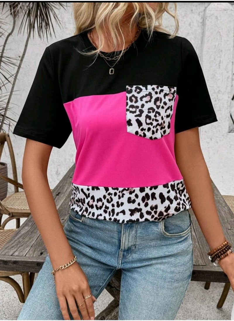Shein SHEIN LUNE Leopard Color Block Patch Pocket T-Shirt For Vacation & Leisure  - Image 2