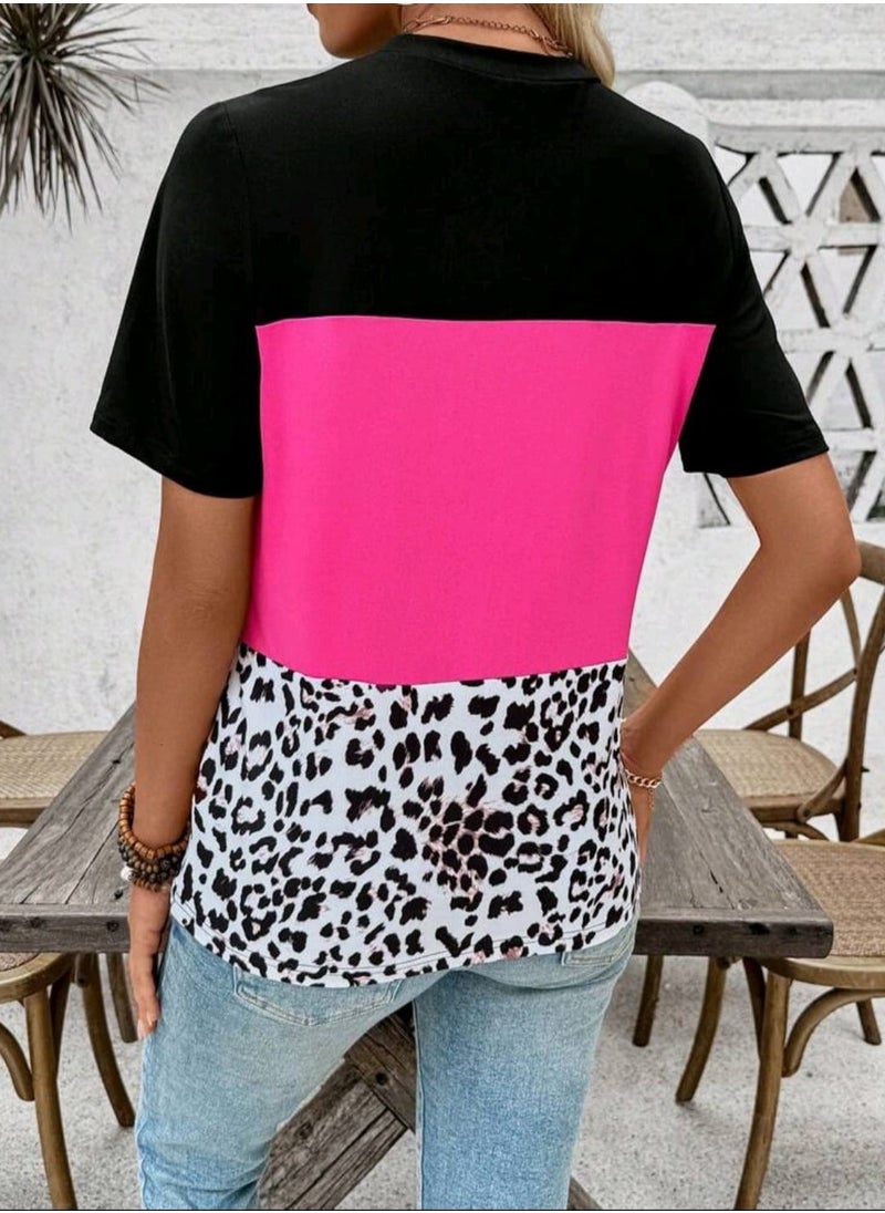 Shein SHEIN LUNE Leopard Color Block Patch Pocket T-Shirt For Vacation & Leisure  - Image 3