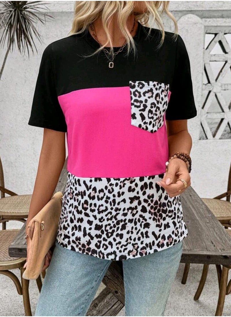 Shein SHEIN LUNE Leopard Color Block Patch Pocket T-Shirt For Vacation & Leisure  - Image 5