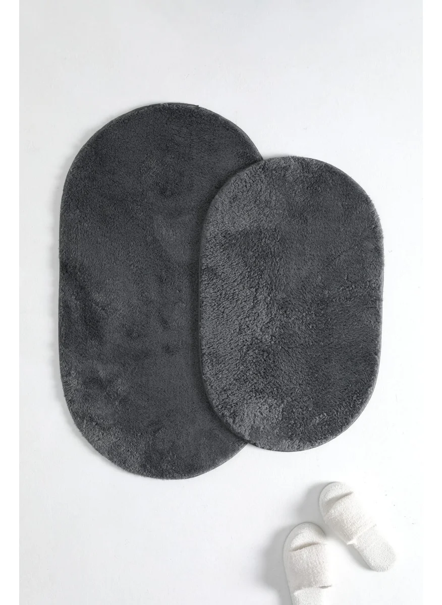 Favora Puffy 2 Piece Oval Bathroom Mat Set - Anthracite