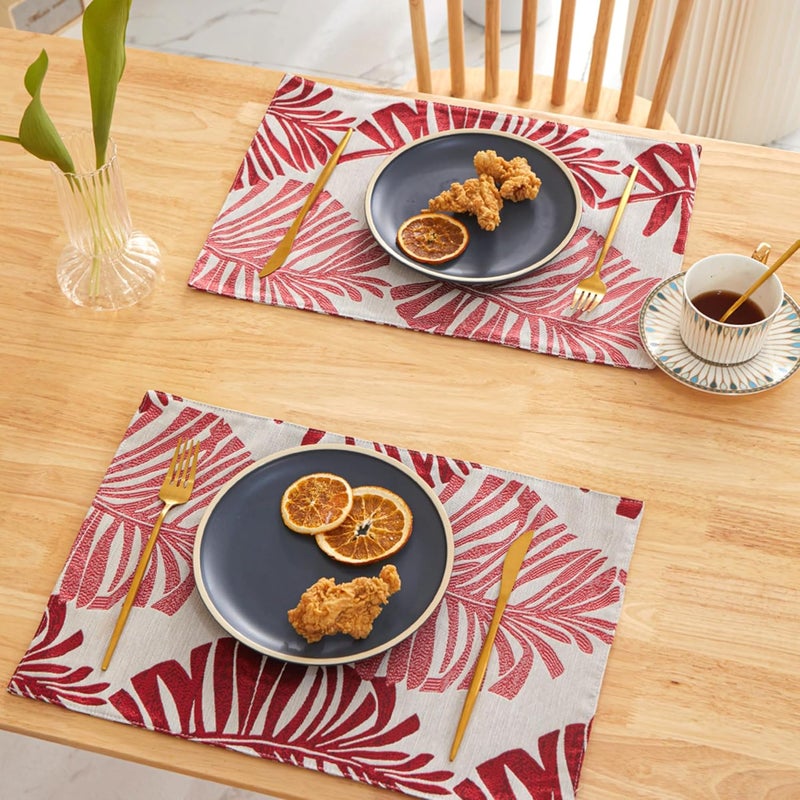 UMAI Stylish Table Mat Set of 6 Jacquard Dining Table Accessories with Beautiful Leaf Design Home Kitchen Office Restaurent Red Table Runner - Image 1