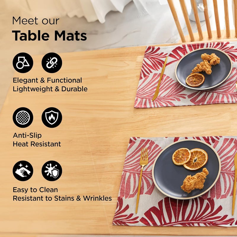 UMAI Stylish Table Mat Set of 6 Jacquard Dining Table Accessories with Beautiful Leaf Design Home Kitchen Office Restaurent Red Table Runner - Image 2