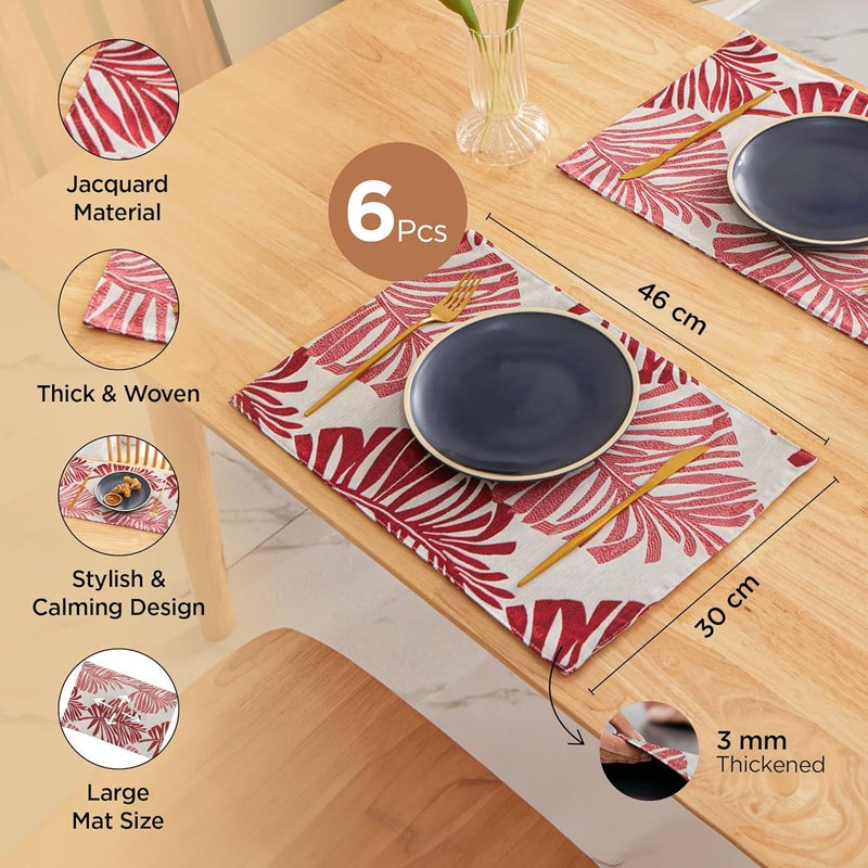 UMAI Stylish Table Mat Set of 6 Jacquard Dining Table Accessories with Beautiful Leaf Design Home Kitchen Office Restaurent Red Table Runner - Image 3