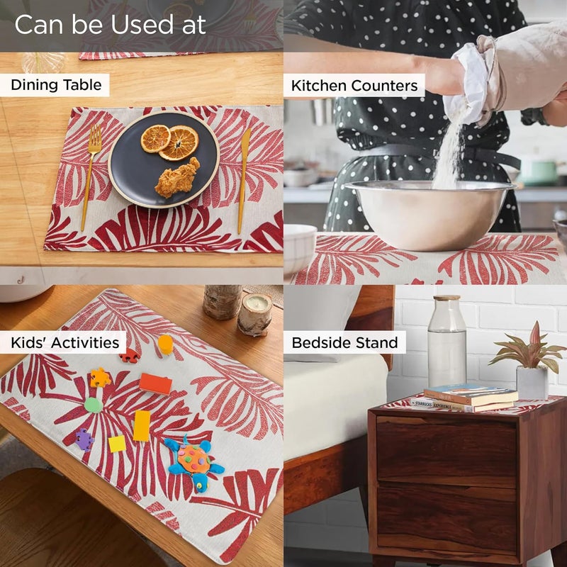 UMAI Stylish Table Mat Set of 6 Jacquard Dining Table Accessories with Beautiful Leaf Design Home Kitchen Office Restaurent Red Table Runner - Image 4