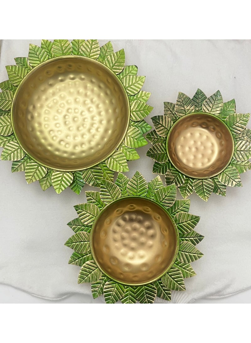 Ramadan Decor / iftar Party Decor/ Eid Mubarak / Set of 3 Decorative Brass Leaf Design Bowls – Handcrafted Golden Urli with Green Leaf Border for Home Décor & Festive Use