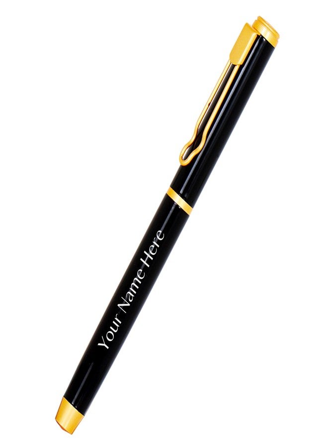 CrownLit Customisable Metal Pen with Laser Engraving, Black and Gold, Magnetic Cap, Roller Gel Ink - Image 1