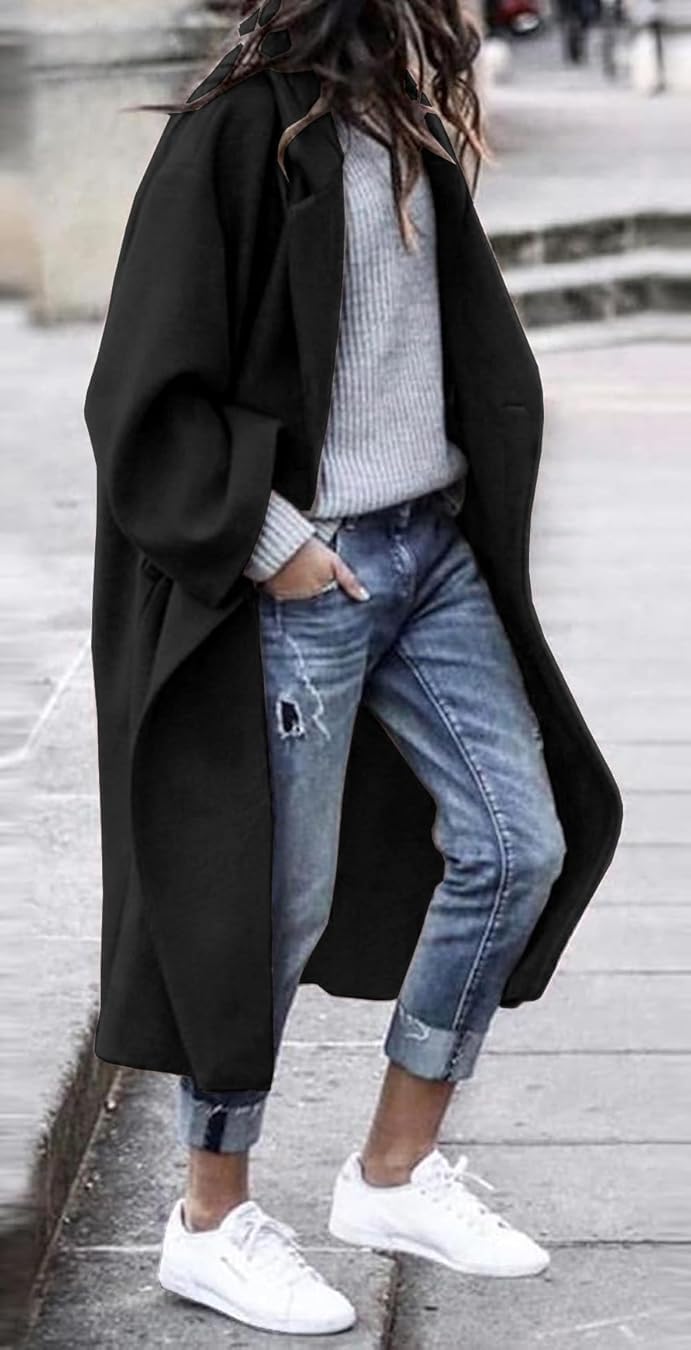 LNKQA Women's Winter Pea Coat Notch Lapel Single Breasted Oversized Long Casual Wool Blend Overcoat (Black,XX-Large) - Image 1