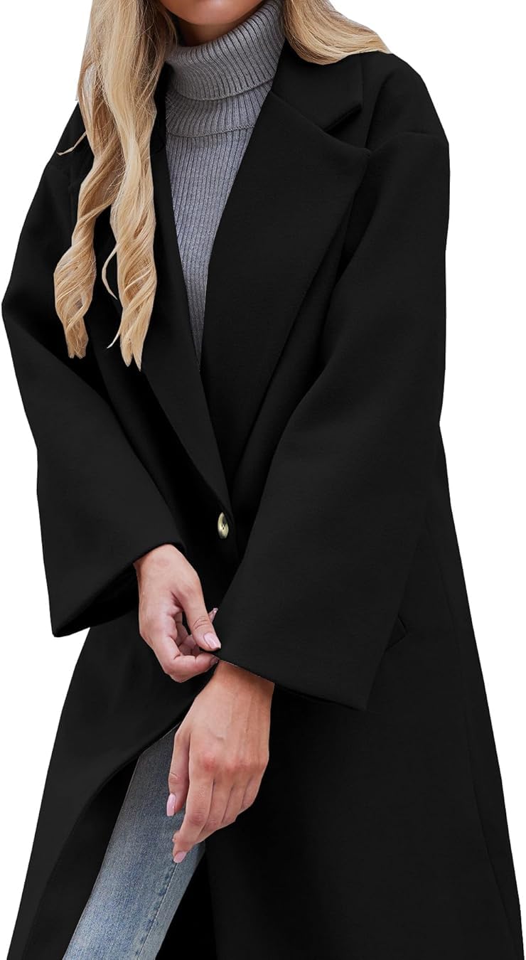 LNKQA Women's Winter Pea Coat Notch Lapel Single Breasted Oversized Long Casual Wool Blend Overcoat (Black,XX-Large) - Image 2
