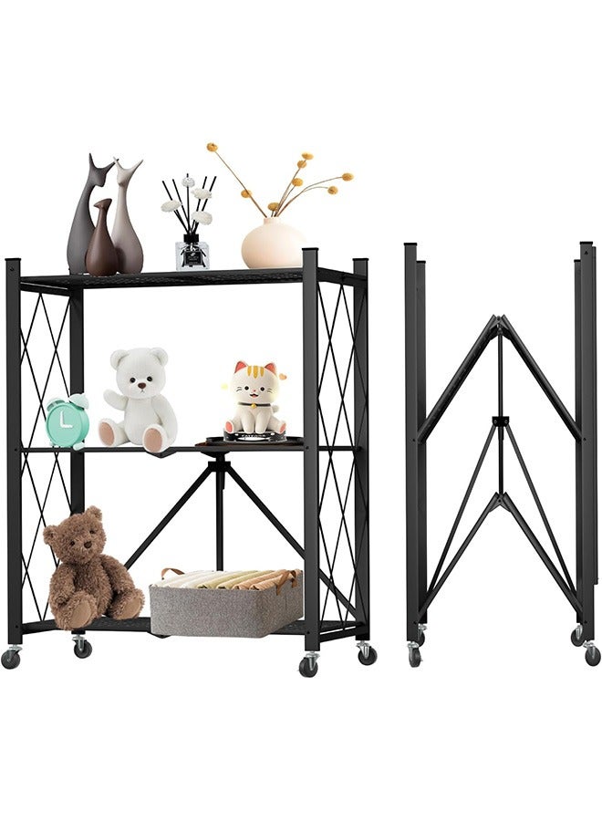 رولستيمي رف تخزين قابل للطي من 3 طبقات مع عجلات ، وحدة رفوف المرآب شديدة التحمل ، أحمال 550 رطلا ، أرفف معدنية فولاذية قابلة للطي ، أسود - Image 1