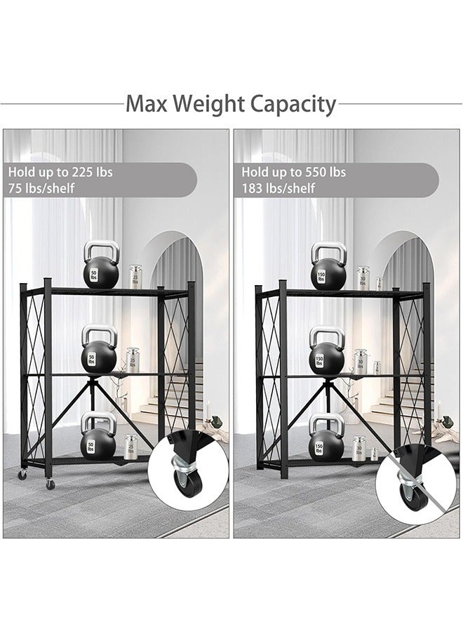 رولستيمي رف تخزين قابل للطي من 3 طبقات مع عجلات ، وحدة رفوف المرآب شديدة التحمل ، أحمال 550 رطلا ، أرفف معدنية فولاذية قابلة للطي ، أسود - Image 4