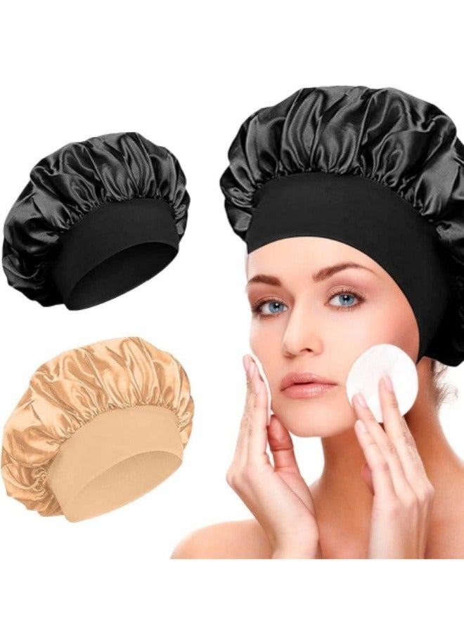 2Pcs Satin Elastic Band Sleep Caps, Skin-Friendly Breathable Soft Polyester Silk Wide Hat, Curly Wrap Sleep Caps For All Length Thick Curly Hair (Black+Gold)  - Image 1