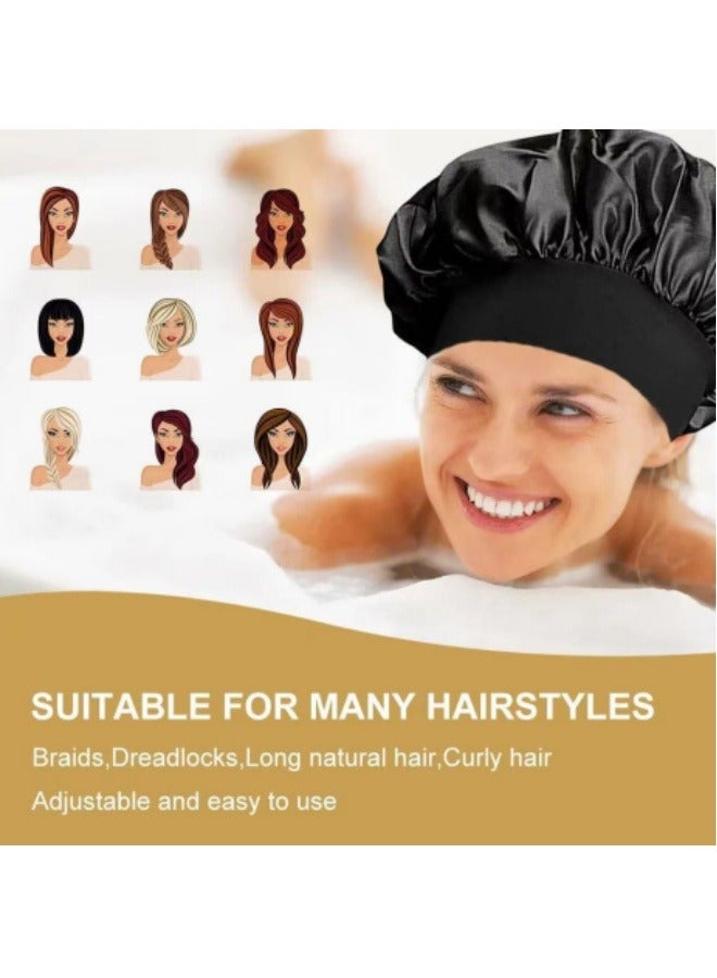 2Pcs Satin Elastic Band Sleep Caps, Skin-Friendly Breathable Soft Polyester Silk Wide Hat, Curly Wrap Sleep Caps For All Length Thick Curly Hair (Black+Gold)  - Image 2