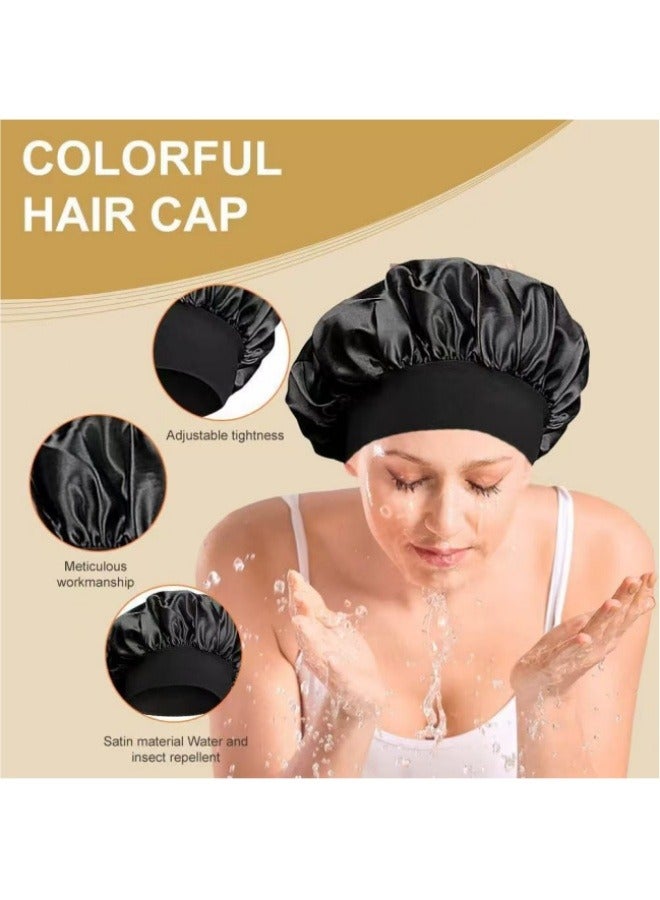 2Pcs Satin Elastic Band Sleep Caps, Skin-Friendly Breathable Soft Polyester Silk Wide Hat, Curly Wrap Sleep Caps For All Length Thick Curly Hair (Black+Gold)  - Image 3