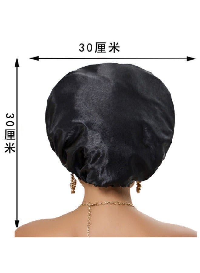 2Pcs Satin Elastic Band Sleep Caps, Skin-Friendly Breathable Soft Polyester Silk Wide Hat, Curly Wrap Sleep Caps For All Length Thick Curly Hair (Black+Gold)  - Image 5