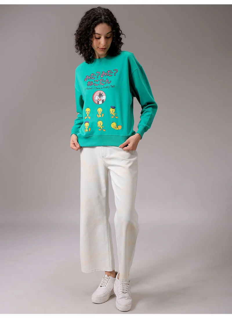 مرفوعة Women Boxy Green Printed Crew Neck Long Sleeve Sweatshirt