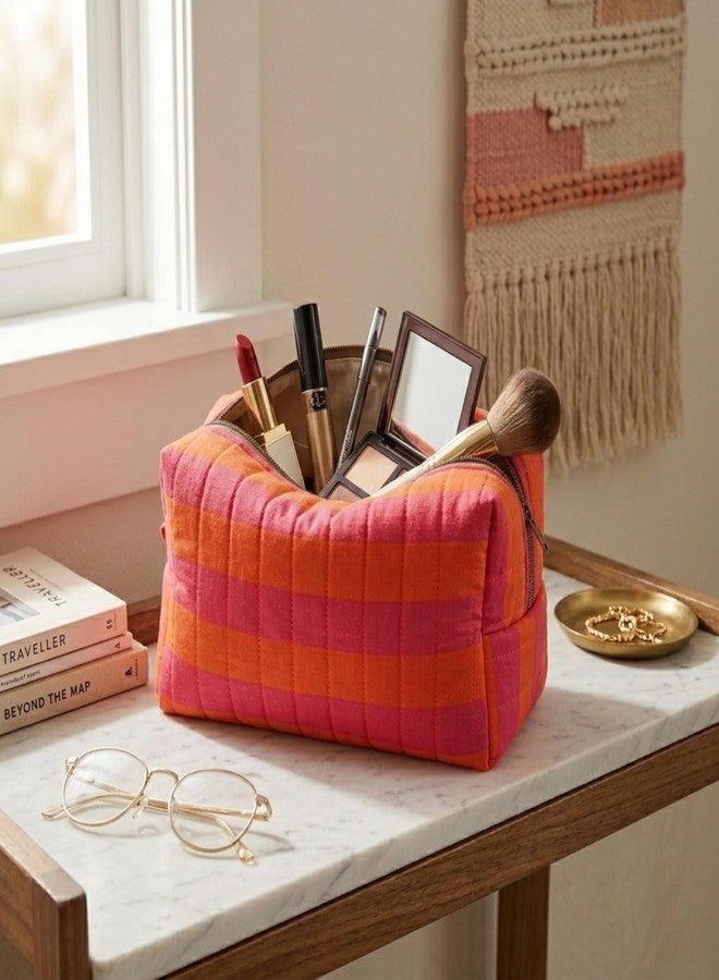 Ekatra Puffy Makeup Bag for Women | Soft Fabric Printed Cosmetic Pouch & Travel Toiletry Bag | Large Capacity Organizer for Skincare, Brushes & Travel Essentials | 25 cm - Candi Stripes - Image 2