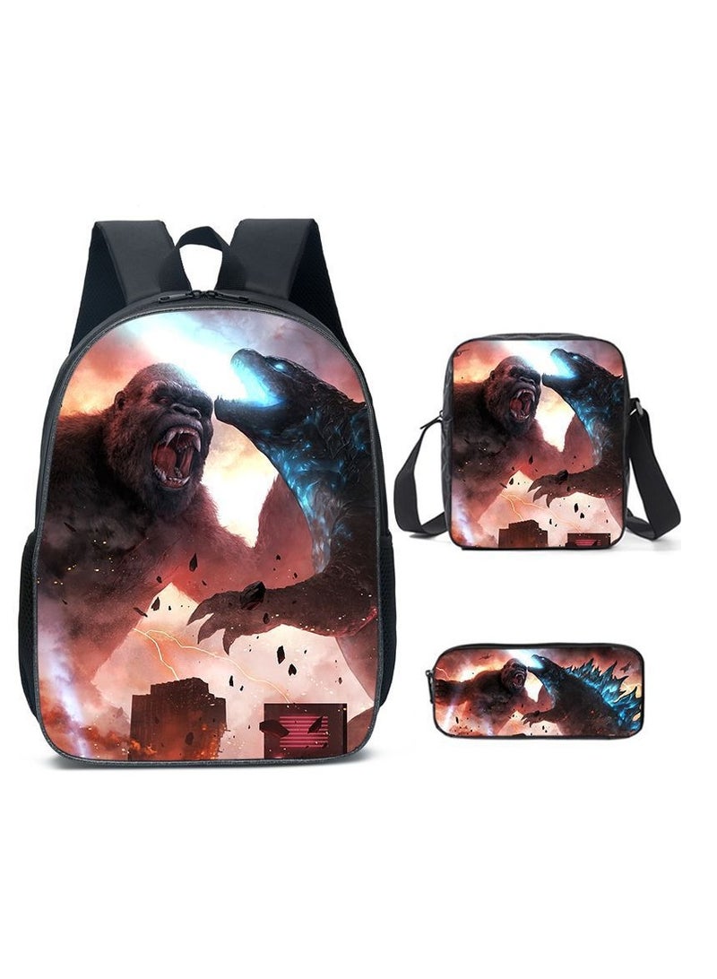 Godzilla Children's leisure load reducing large capacity printed backpack for elementary school students, 3-piece set - Image 1