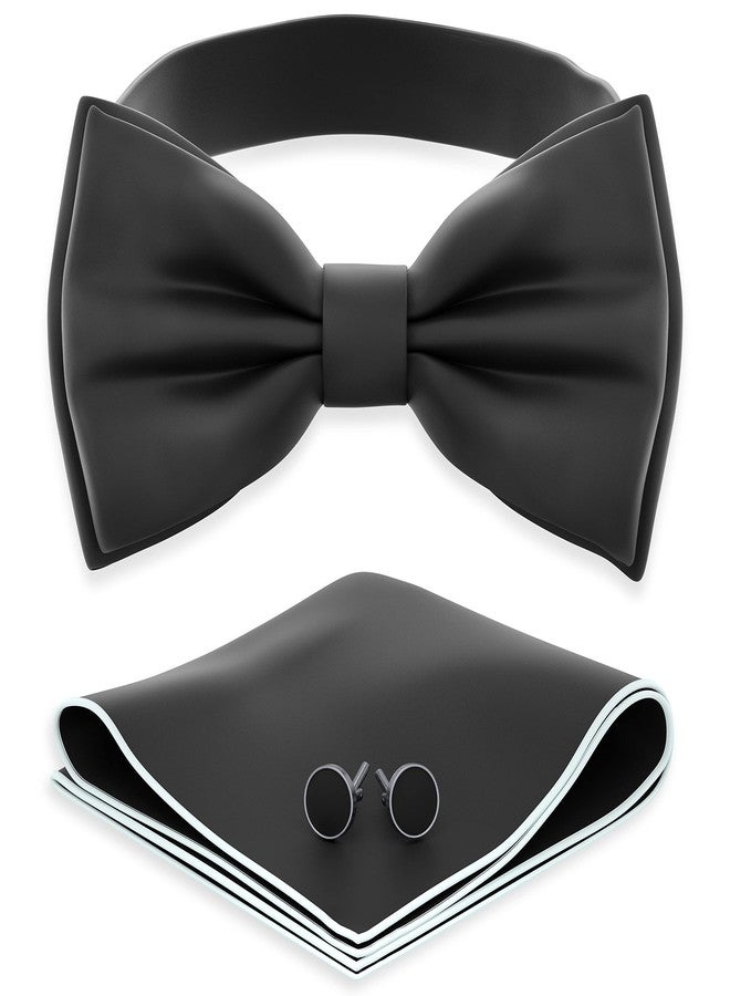 Adam Young Men's Black Bow Tie with Handkerchief & Cufflinks Pre-Tied Style Formal Satin Classic Bowtie for Tuxedo Faux Silk (Large, Black) - Image 1