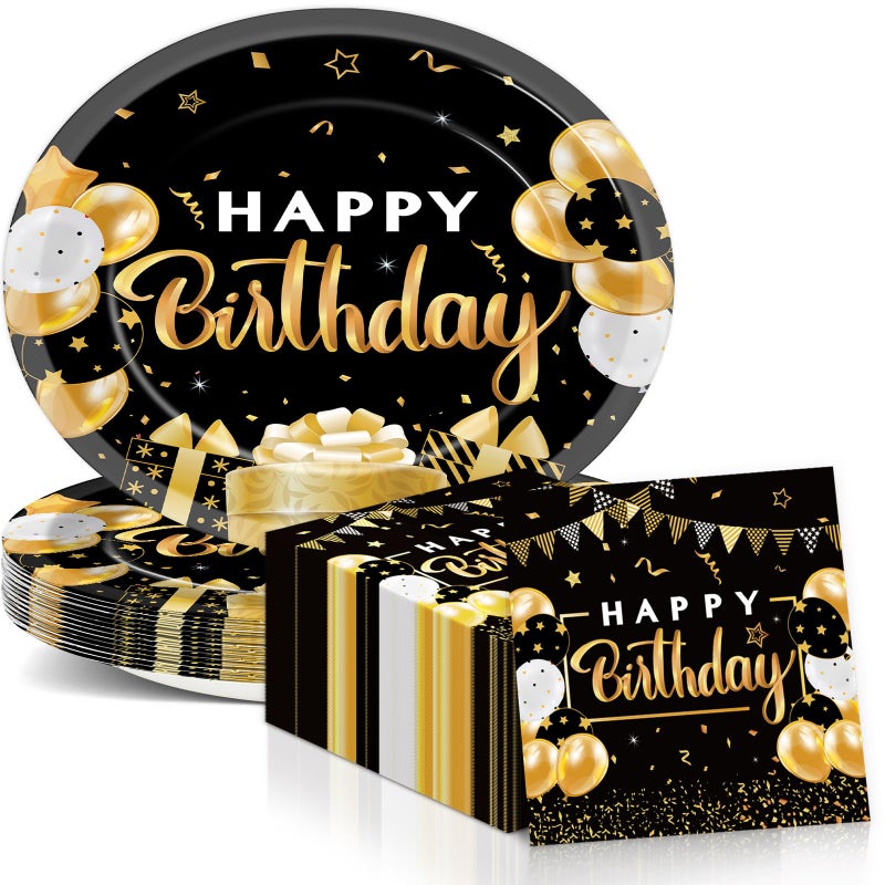 QOUBAI Birthday Oval Paper Plate 11inch Large Happy Birthdays Plates and Napkins, Black and Gold Party Decoration Favor Dish Tray for Man Woman Bday Baby Shower Holiday Gathering Supplies Tableware, 25 Guest - Image 1