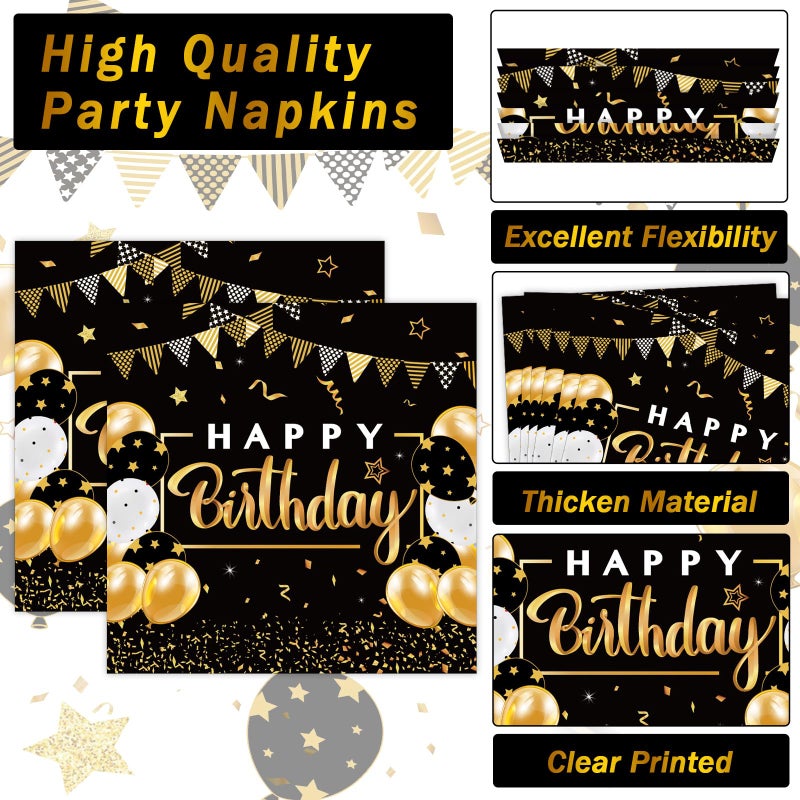 QOUBAI Birthday Oval Paper Plate 11inch Large Happy Birthdays Plates and Napkins, Black and Gold Party Decoration Favor Dish Tray for Man Woman Bday Baby Shower Holiday Gathering Supplies Tableware, 25 Guest - Image 5