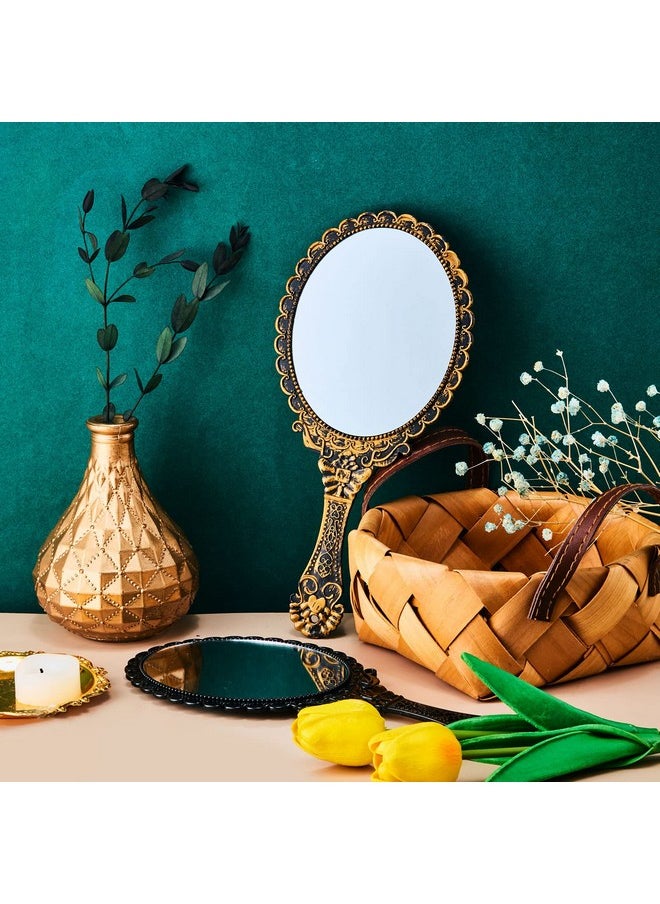Jetec 2 Pieces Vintage Handheld Mirror Portable Embossed Flower Mirror Hand Held Decorative Mirrors Compact Mirror With Handle For Face Makeup Travel Personal Cosmetic Salon Mirror (Black Bronze)  - Image 4