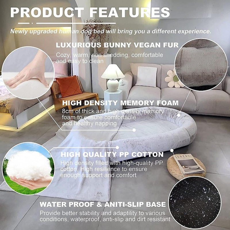 Large Human Short Plush Dog Bed, Removable and Washable Adult Pet Sized Bed,Dog Bed Mat (Gray2 165 * 100CM) (Gray2 165 * 100CM) - Image 5