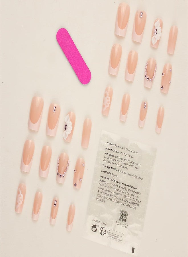 Jremg Flower Press on Nails Medium Square Fake Nails with Pink Rhinestone Designs Cute 3D White Floral Charms Glue on Nails Glossy White French Tip Coffin False Nails for Women Girls Nail Decor 24Pcs - Image 3