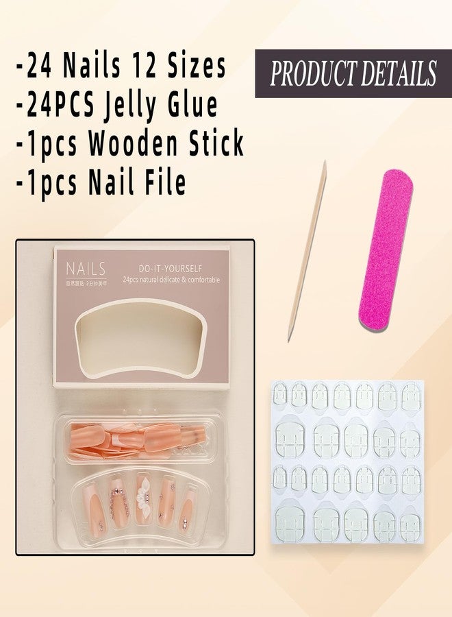 Jremg Flower Press on Nails Medium Square Fake Nails with Pink Rhinestone Designs Cute 3D White Floral Charms Glue on Nails Glossy White French Tip Coffin False Nails for Women Girls Nail Decor 24Pcs - Image 2