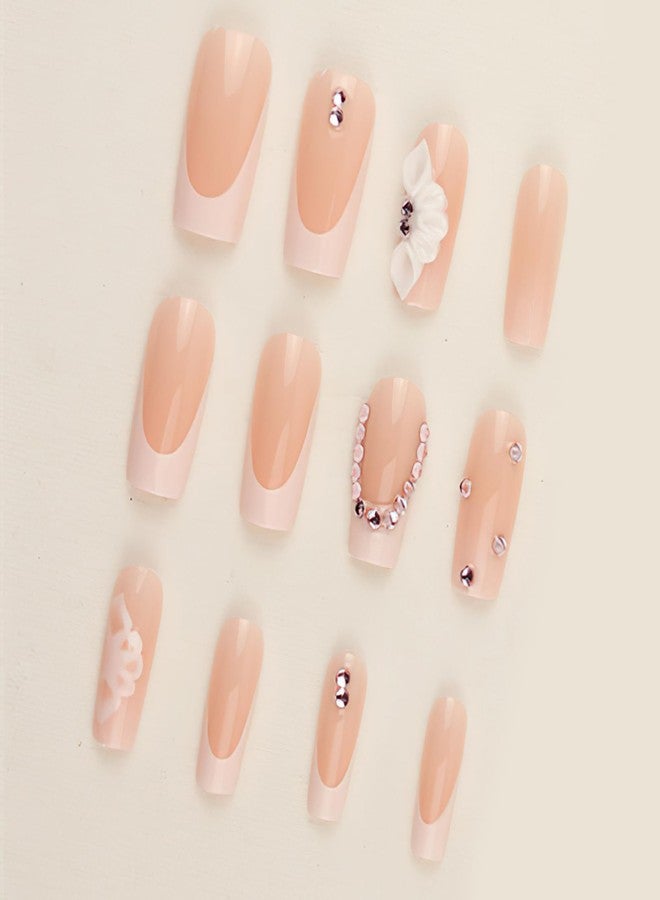 Jremg Flower Press on Nails Medium Square Fake Nails with Pink Rhinestone Designs Cute 3D White Floral Charms Glue on Nails Glossy White French Tip Coffin False Nails for Women Girls Nail Decor 24Pcs - Image 4