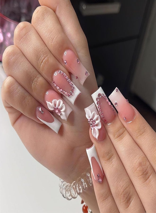 Jremg Flower Press on Nails Medium Square Fake Nails with Pink Rhinestone Designs Cute 3D White Floral Charms Glue on Nails Glossy White French Tip Coffin False Nails for Women Girls Nail Decor 24Pcs - Image 1