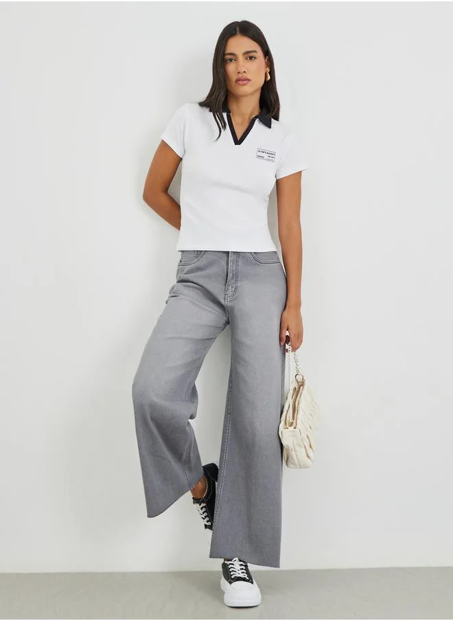 Styli Styli Wide Ribbed Contrast Badge Detail Cropped Polo T-Shirt