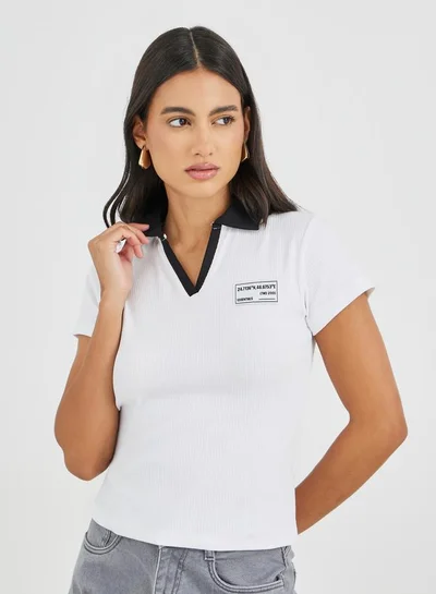 Styli Wide Ribbed Contrast Badge Detail Cropped Polo T-Shirt