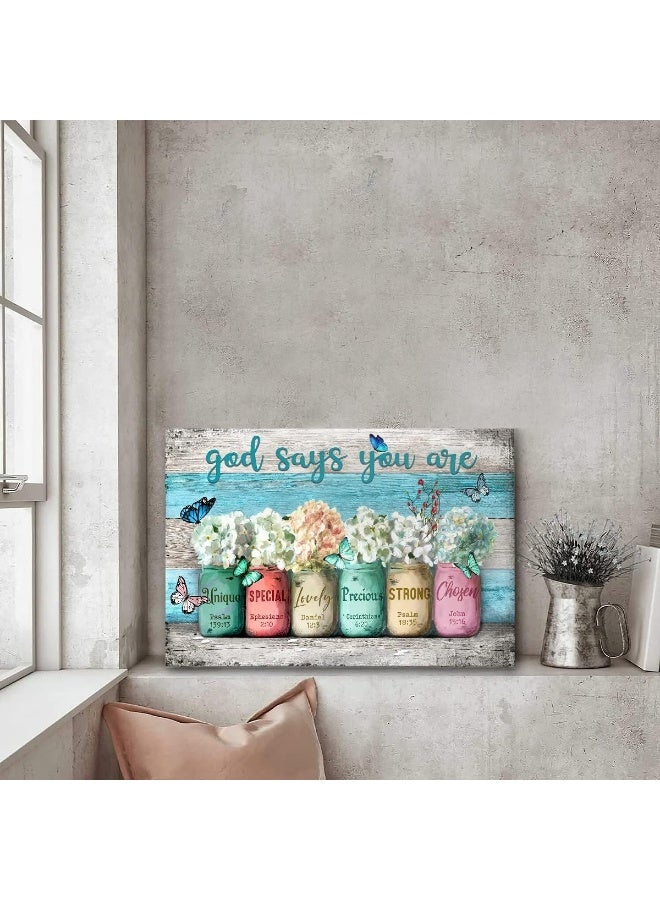 EMODA Inspirational Canvas Wall Art Encouraging Bible Verses On Cute Mason Jars and Butterflies God Says You Are Modern Artwork for Living Room Bedroom Bathroom Office Home Decor 16x24 In - Image 2