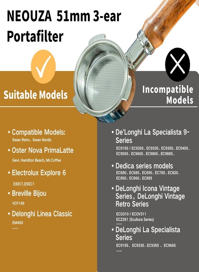 NEOUZA 51mm Bottomless Portafilter Compatible with HIBREW H10B, Gevi 15 Bar, Yabano,Hamiltion Beach,Farberware Espresso Machines with Stainless Steel Replacement Filter Basket Wooden Handle - Image 2