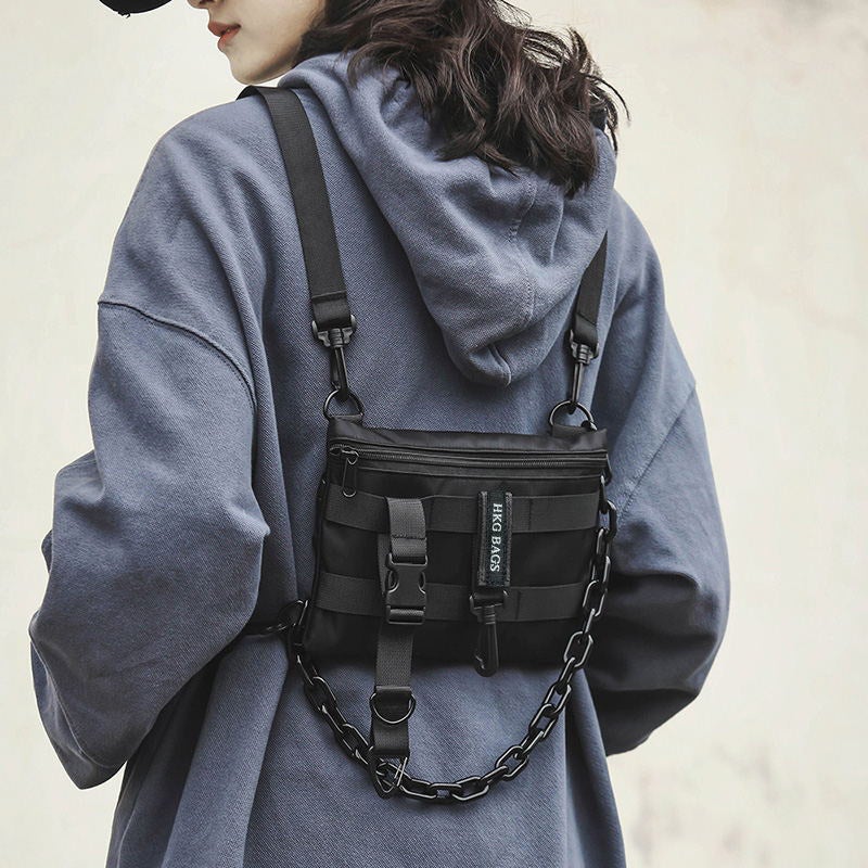 Men's Street Style Crossbody Bag with Chain - Black, Waterproof Oxford - Image 4