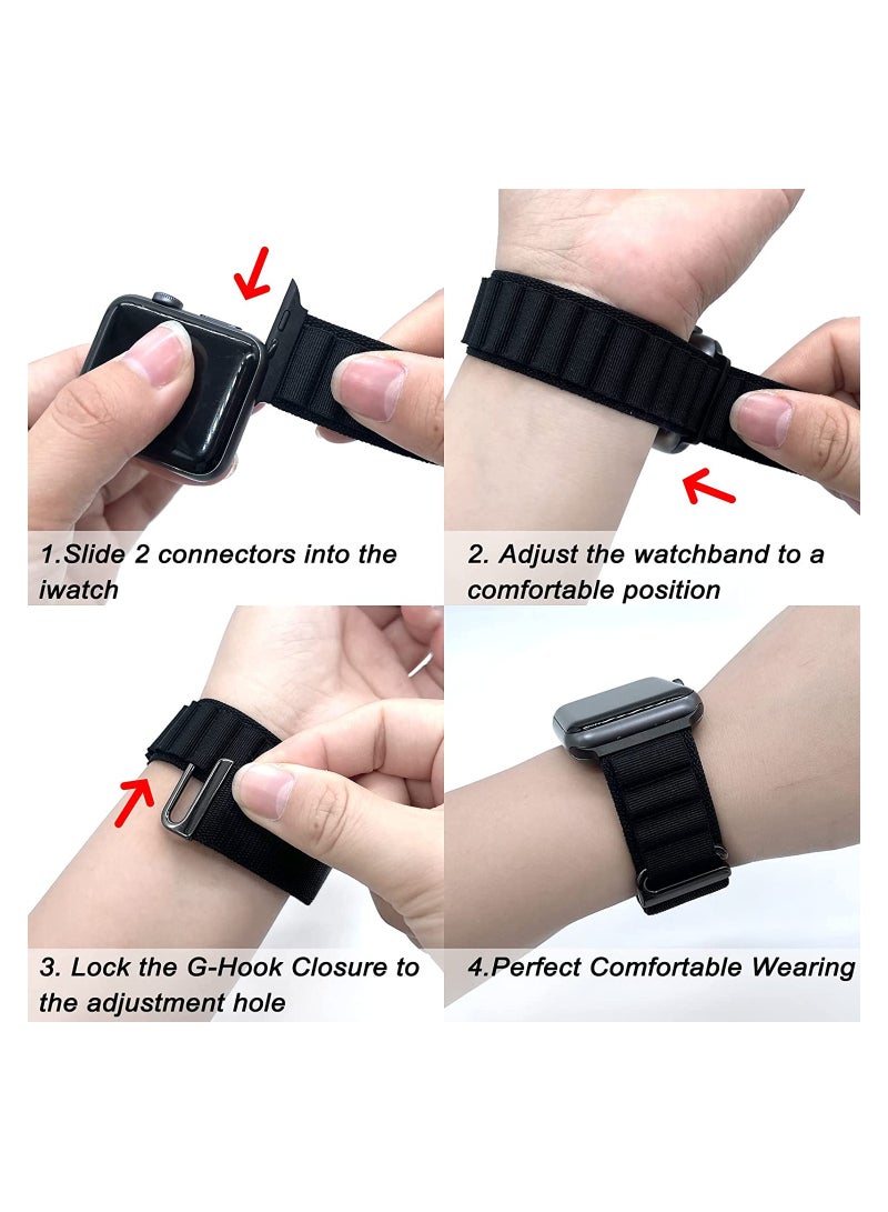 4 Pack Adjustable Nylon Bands for Apple Watch 49mm 45mm 44mm 42mm with Metal G-Hook Strap for iWatch Ultra Series SE 8/7/6/5/4/3/2/1, Black/Orange/Blue - Image 4