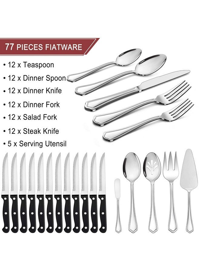 LIANYU LIANYU 77-Piece Silverware Flatware Set for 12, Plus Steak Knives and Serving Utensils, Stainless Steel Flatware Cutlery Set, Eating Utensils Tableware with Scalloped Edge, Dishwasher Safe  - Image 2