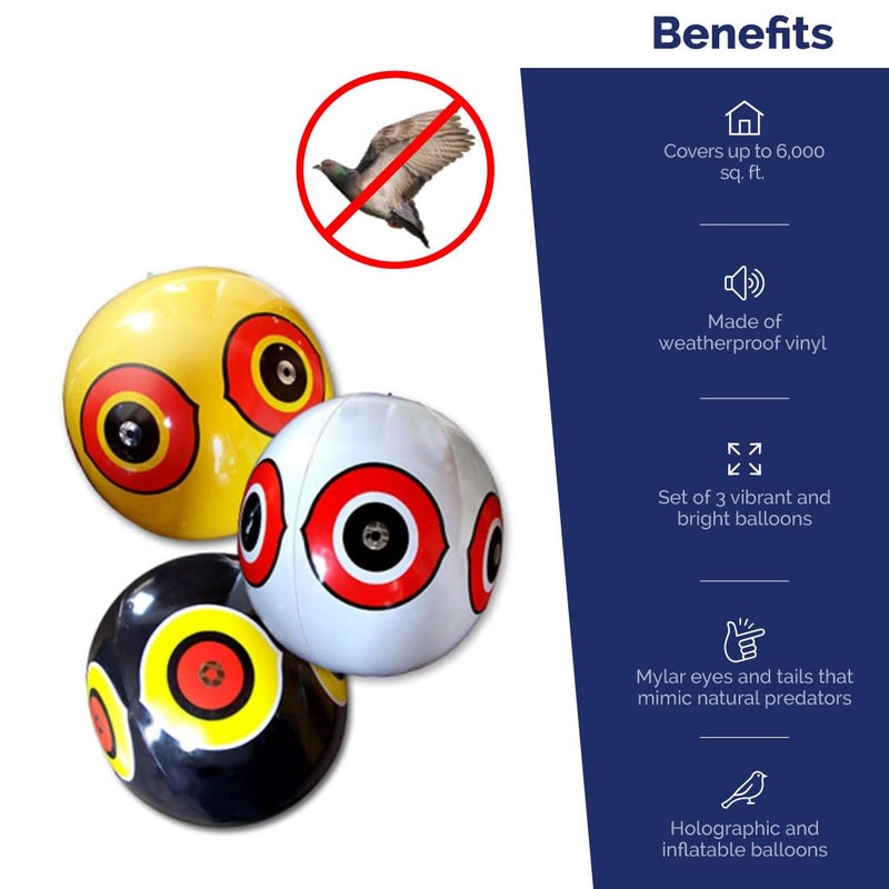 Bird-X Scare-Eye Balloons, Predator 3D Eye Balloons with Glaring, Bright Colors, Cover up to 6,000 sq. ft. Area, Pack of 3, Yellow, White, and Black - Image 3