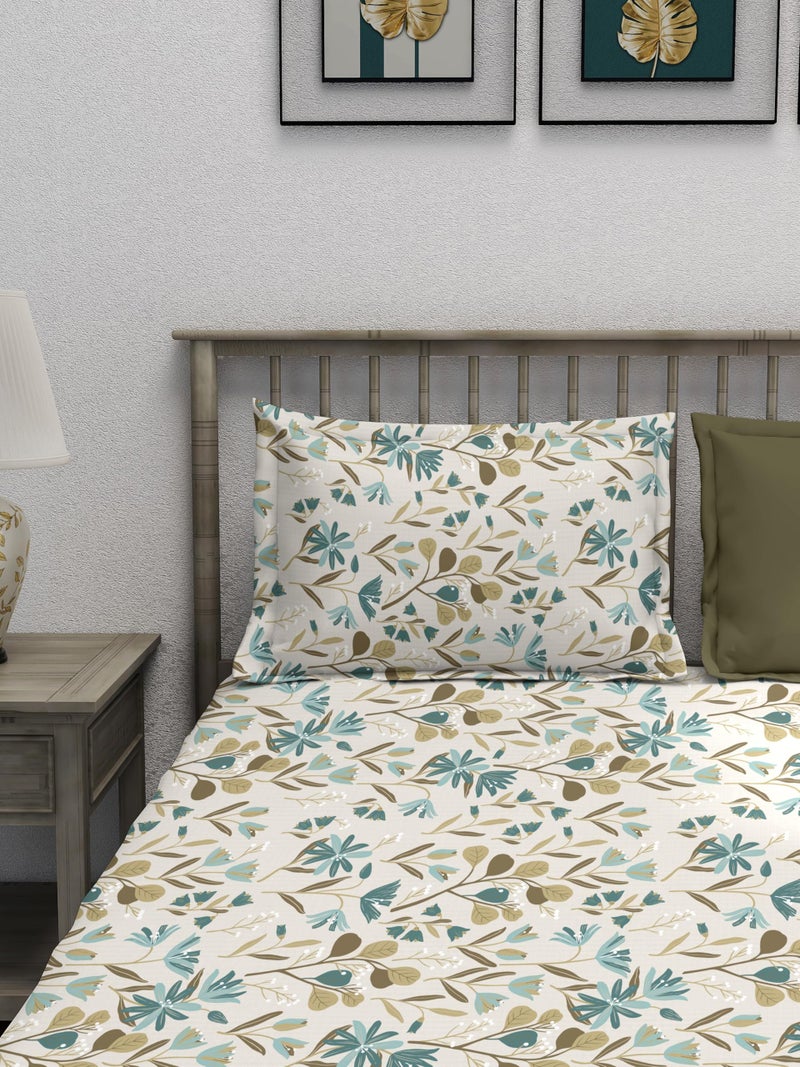 THE HAPPY POD Cotton Single Bedsheet Set | All-Season Bedsheet (144 TC) - 1.52m x 2.28m (60in x 90in) | 1 Pillow Cover- 46 cm x 69 cm - Soft, Cozy & Durable | Floral - Teal | 100% Combed Cotton - Image 1