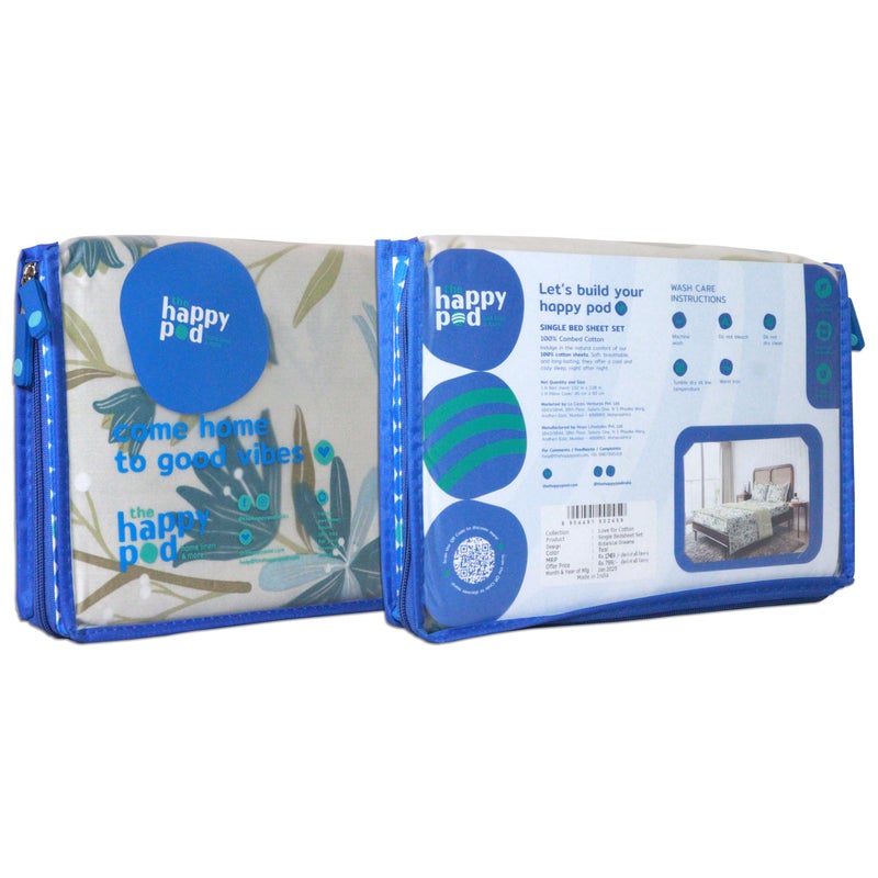 THE HAPPY POD Cotton Single Bedsheet Set | All-Season Bedsheet (144 TC) - 1.52m x 2.28m (60in x 90in) | 1 Pillow Cover- 46 cm x 69 cm - Soft, Cozy & Durable | Floral - Teal | 100% Combed Cotton - Image 2