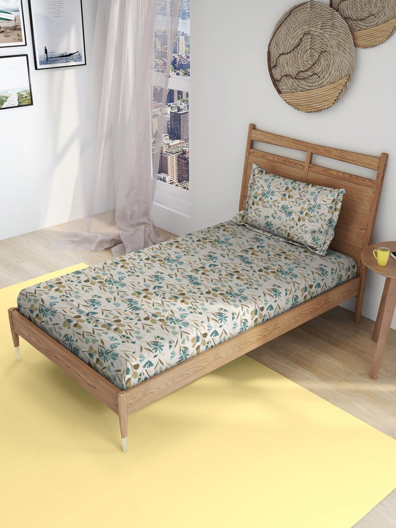 THE HAPPY POD Cotton Single Bedsheet Set | All-Season Bedsheet (144 TC) - 1.52m x 2.28m (60in x 90in) | 1 Pillow Cover- 46 cm x 69 cm - Soft, Cozy & Durable | Floral - Teal | 100% Combed Cotton - Image 3