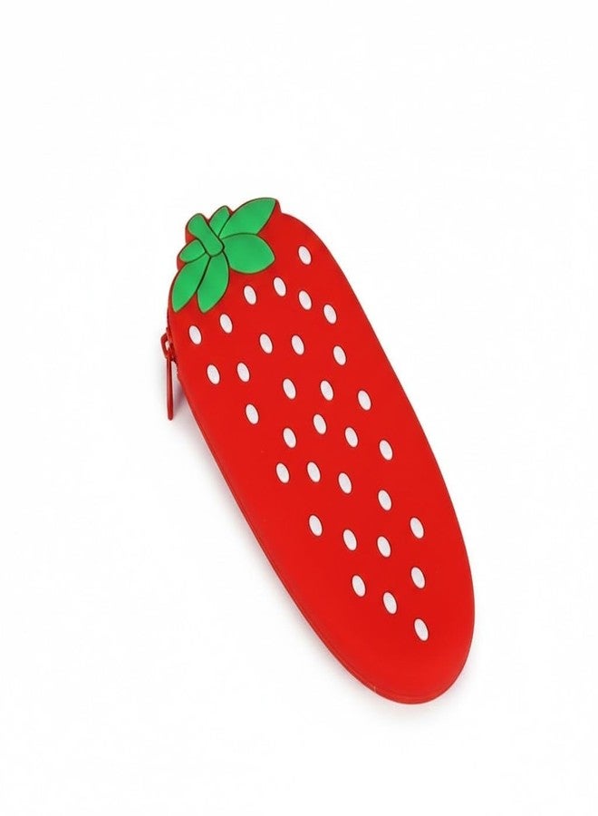 VENJA (LABEL) VENJA Girls Cartoon Pencil Pouch, Soft Silicone Zipper Pencil Case, Durable School Stationery Organizer, Multi Use Cosmetic & Travel Pouch for Kids & Teens (Strawberry) - Image 1