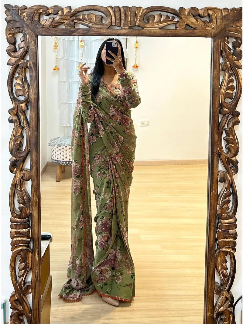 Sidhidata Women's Green Georgette Digital Printed Ready To Wear Saree with Unstitched Blouse Piece - Image 2