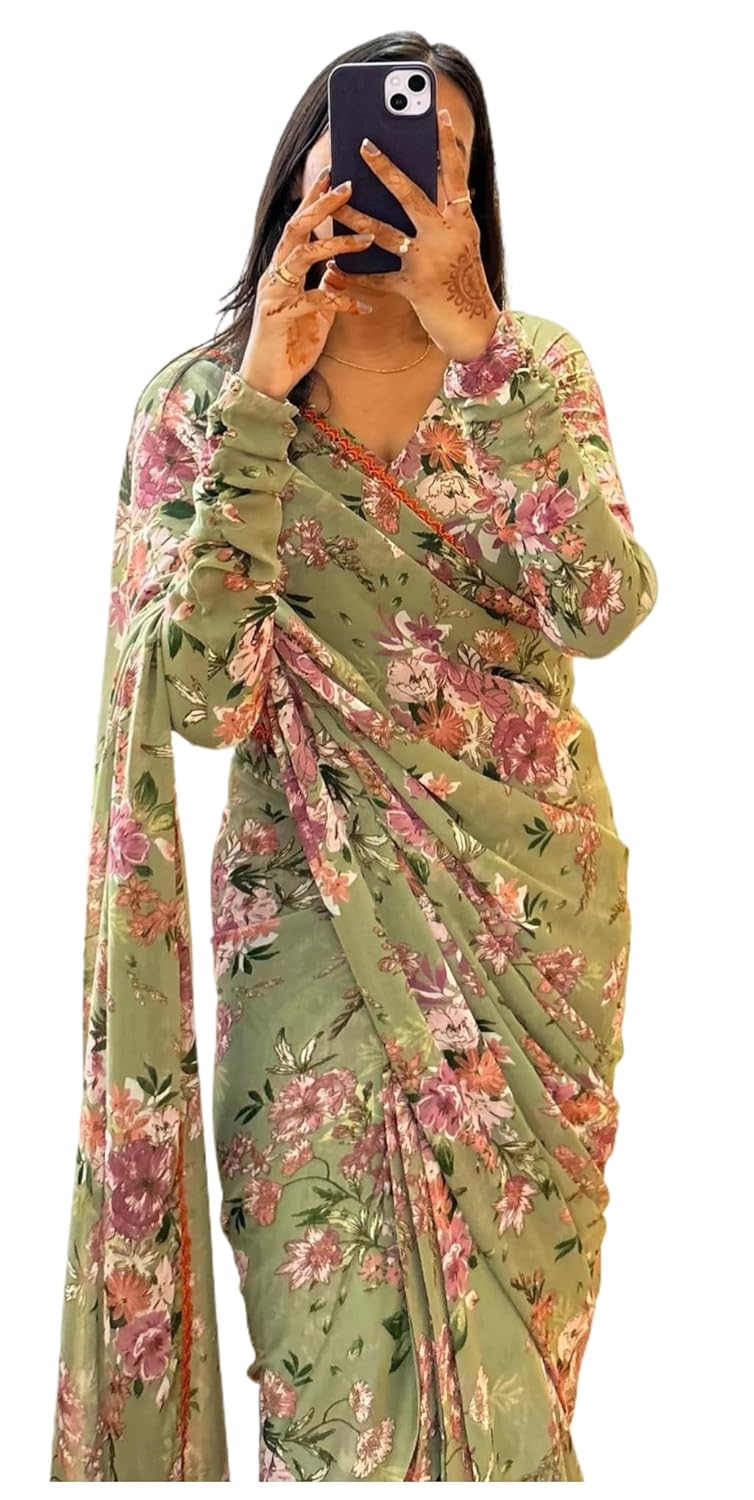 Sidhidata Women's Green Georgette Digital Printed Ready To Wear Saree with Unstitched Blouse Piece - Image 1