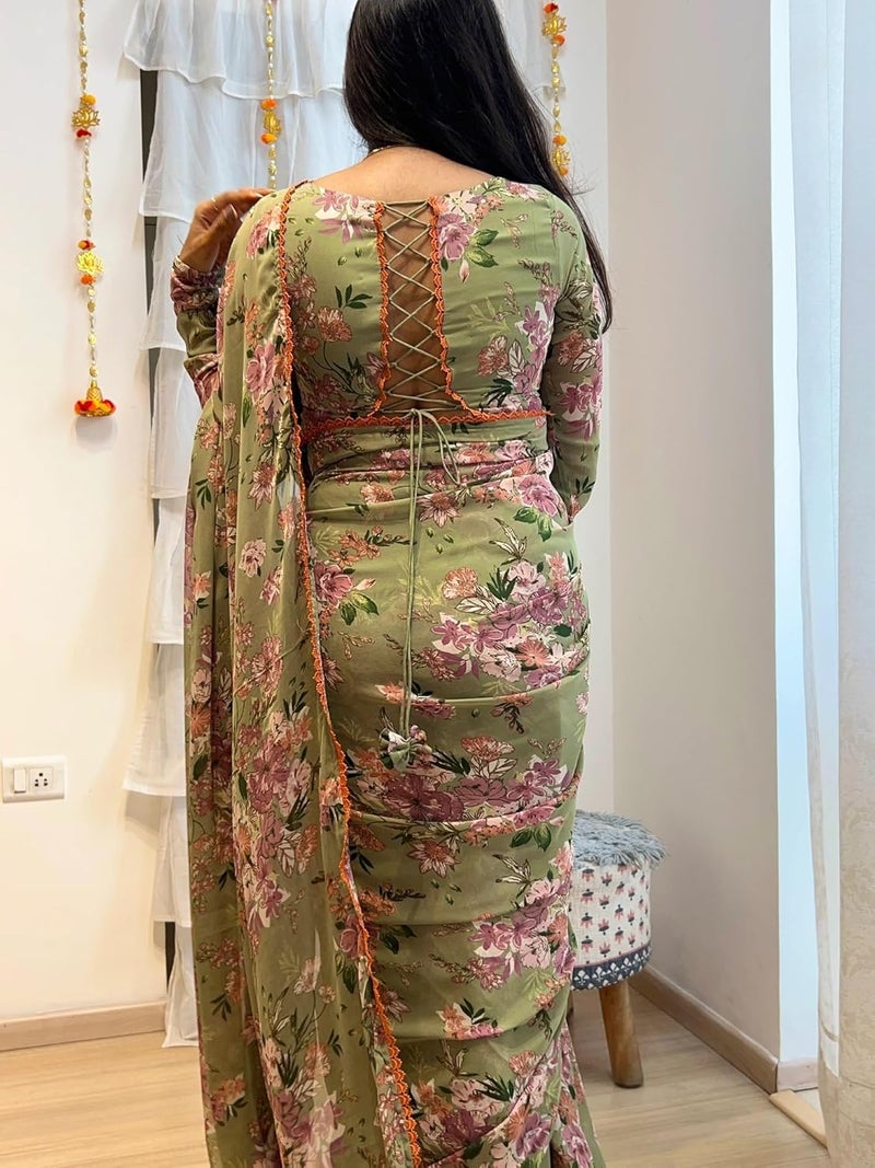 Sidhidata Women's Green Georgette Digital Printed Ready To Wear Saree with Unstitched Blouse Piece - Image 3